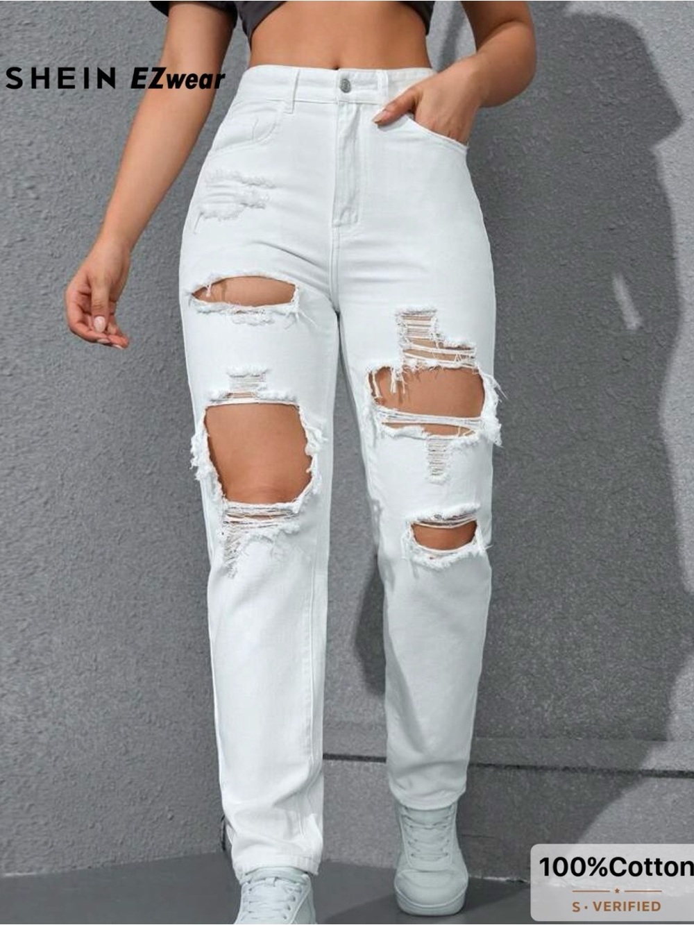 SHEIN White Distressed Slim Straight Jeans
